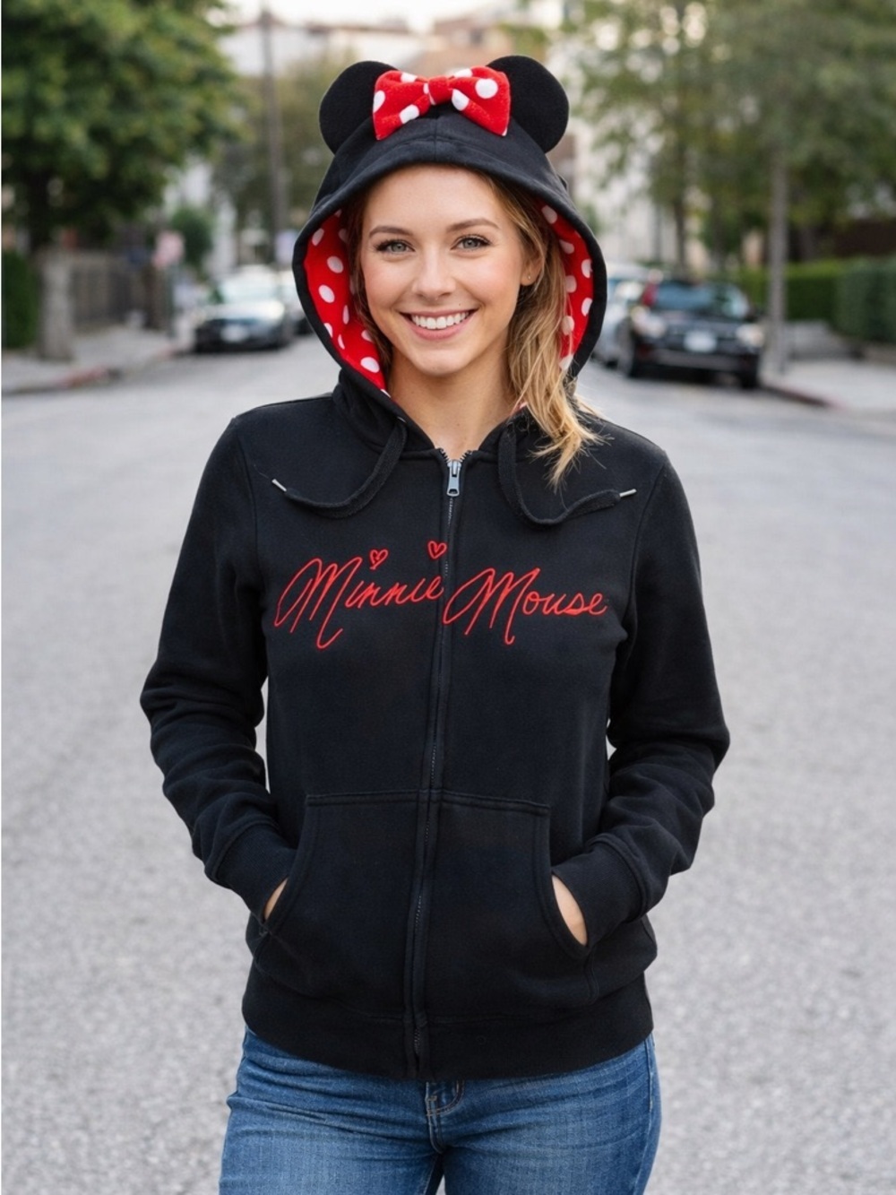Disneyland Disney Parks Black Mini Mouse Ears Zip Up Hoodie Jacket Sweatshirt XS